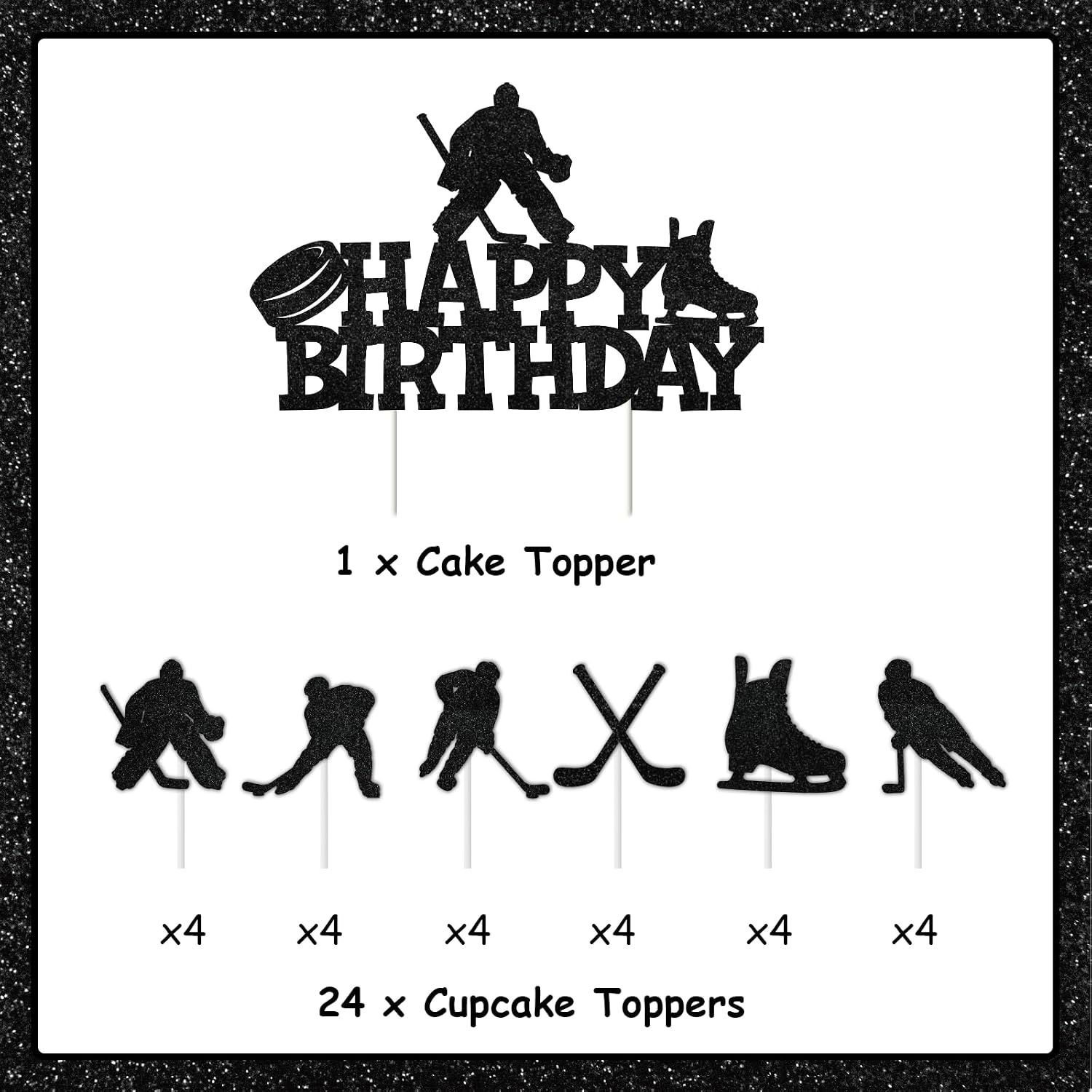 Hockey Birthday Cake Decorations Set, Includes 1 Black Glitter Ice Hockey Happy Birthday Cake Topper and 24 Cupcake Toppers, Sports Themed Party Supplies for Boys Girls Men Women