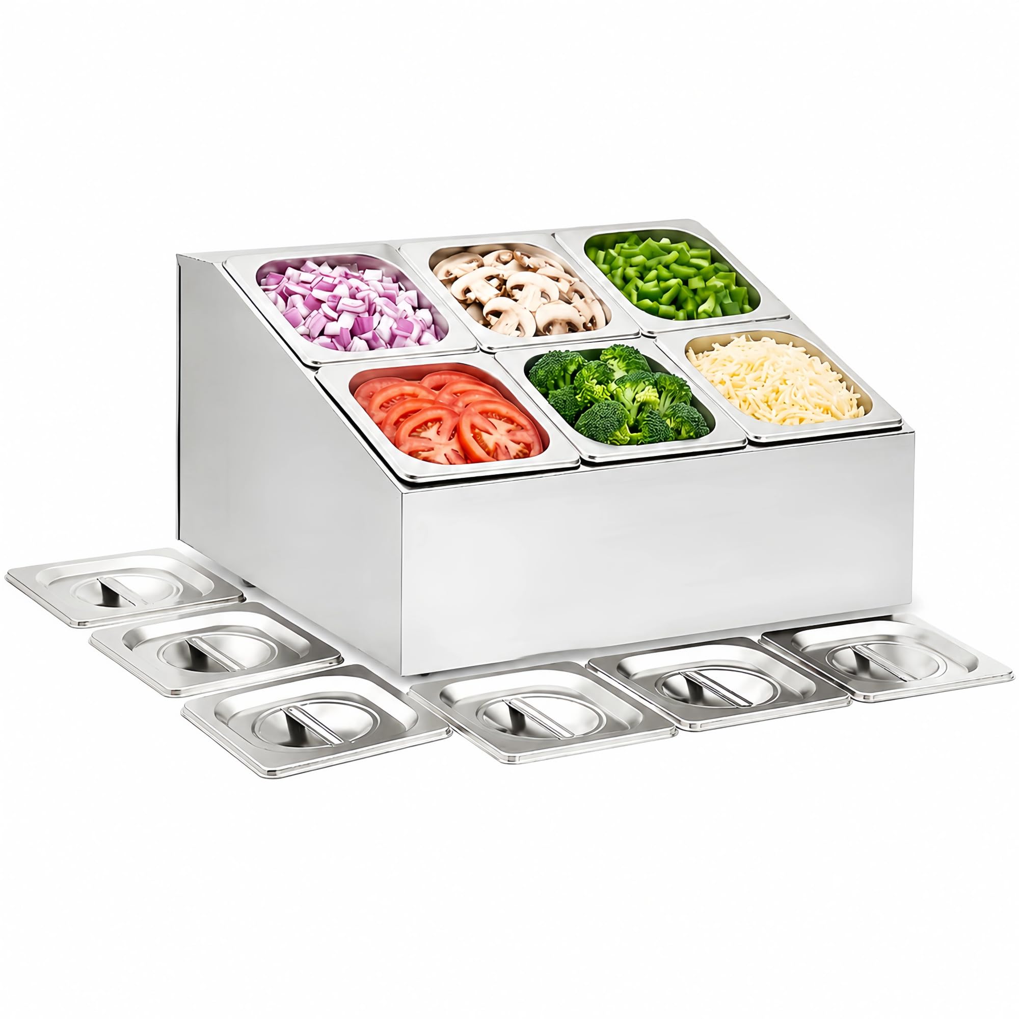 EASYROSE Commercial Stainless Steel Condiment Dispenser (2x3) - 6 GN 1/6 Pans & Steel Lids. Topping Station Heavy-Duty Ingredient Organizer for Restaurants, Pizza & Takeaways