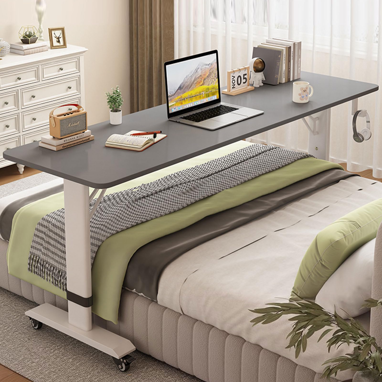 Overbed Table with Wheels Queen Size Overbed Desk Adjustable Height Table Overbed for Home and Hospital,Grey,70.9" W