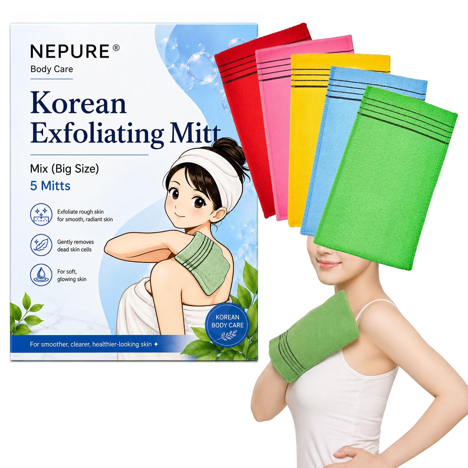 NEPURE Korean Exfoliating Mitt, Large Size, 5 Colors, Back and Body Exfoliating Washcloth for Removing Dry, Reusable (Mix, 5)-image-4