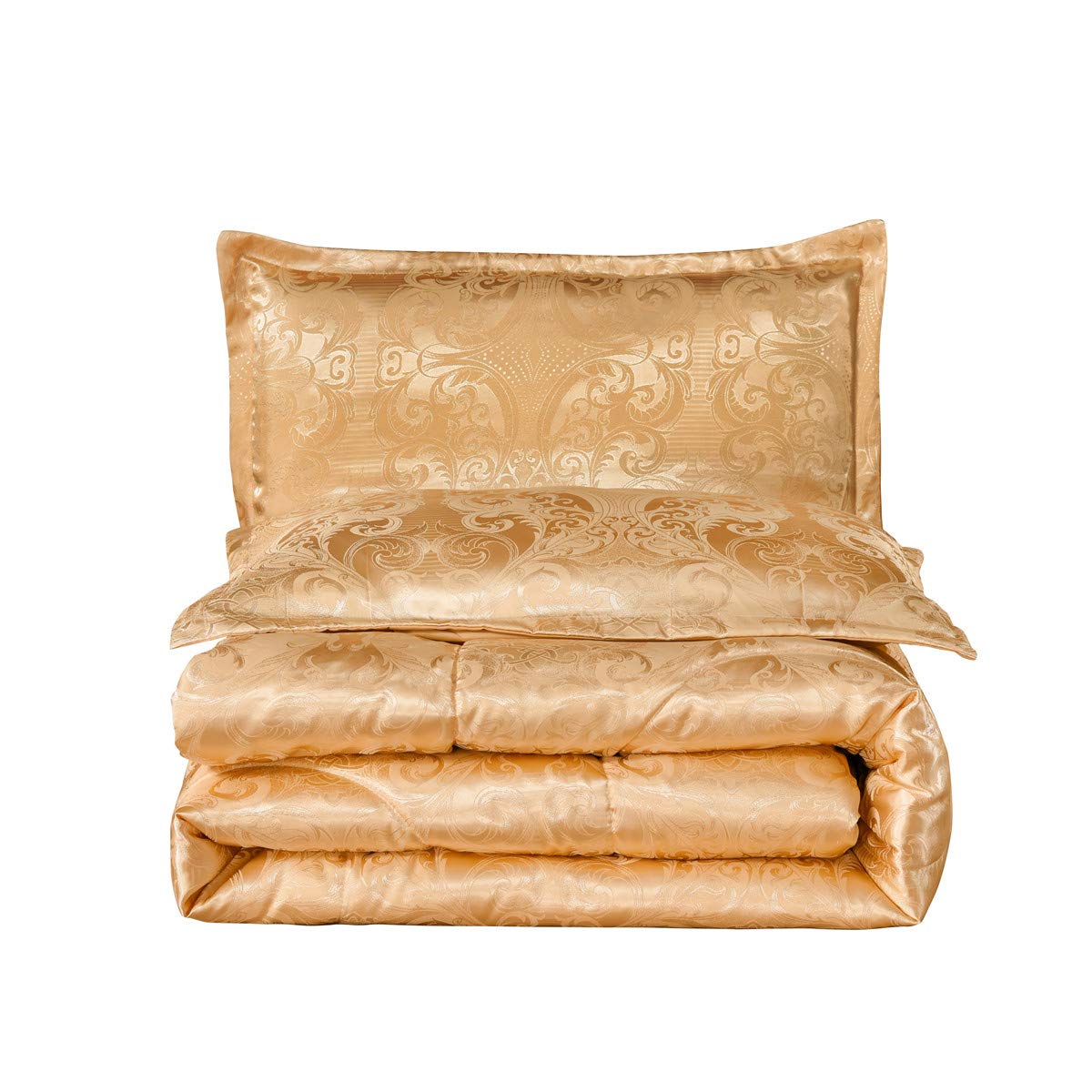 Juego de edredón tamaño Queen: juego de cama de seda dorada de lujo para todas las estaciones, edredón ligero de microfibra suave y juegos a juego con 2 fundas de almohada 9