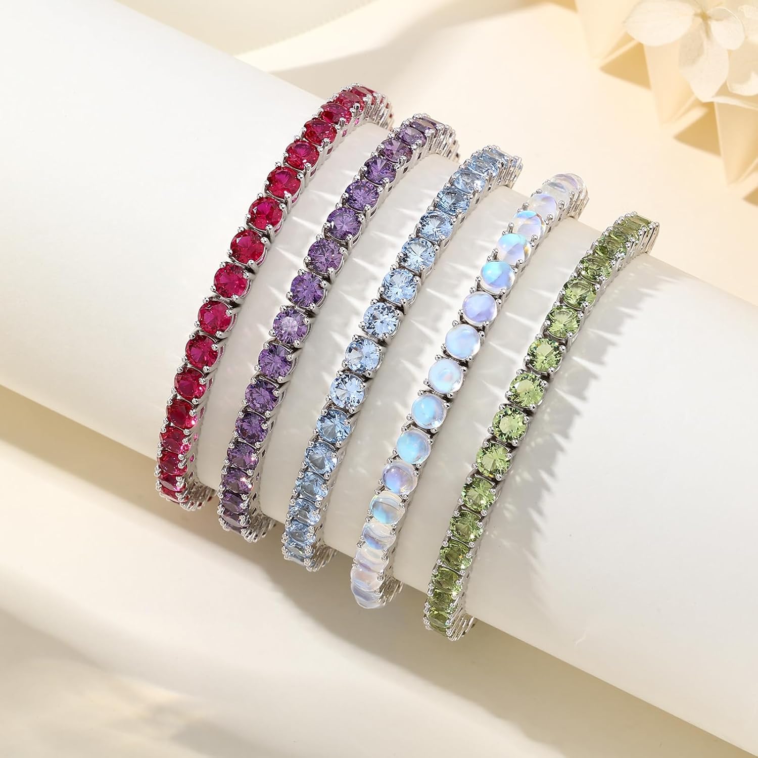 Adjustable Birthstone Gem (4mm Round) Tennis Bracelet for Women, 925 Sterling Silver Plated with White Gold Chain - Image 4