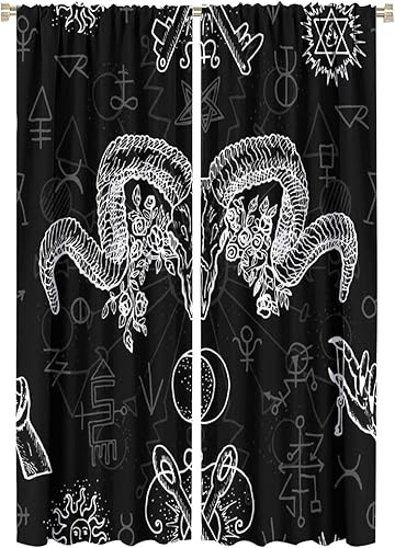 Vista 89 de Cortinas de cabeza de cabra, misteriosa cabeza de cabra malvada, calavera negra, bolsillo para barra, cortinas opacas para ventana, juego de 2
