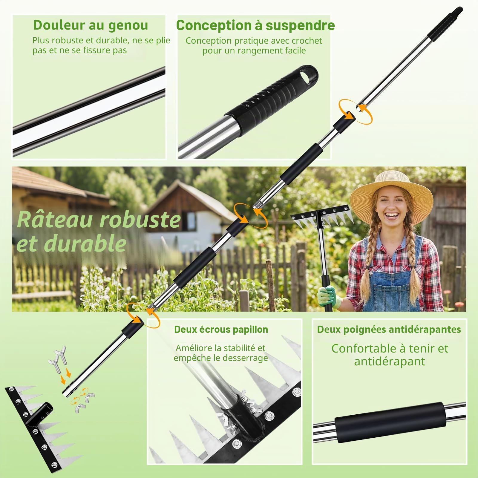 Rateau De Désherbage, Râteau Jardin avec Manche(155cm) Dents Râteau De Désherbage Multifonction en Acier au Manganèse pour Désherber, Desserrer et Semer (8 Dents)