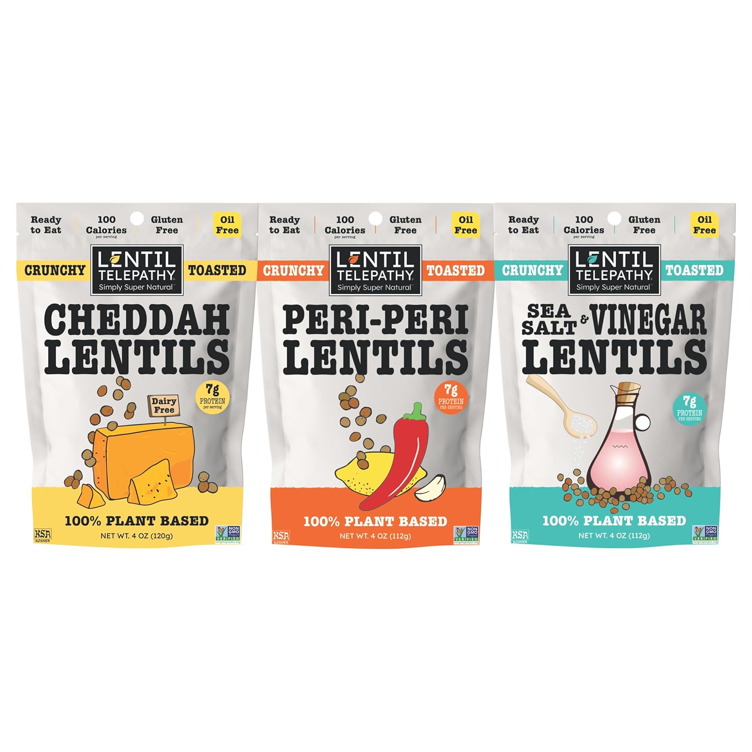 Lentil Telepathy Healthy Variety Snack Pack - Plant-Based, Gluten-Free, Non-GMO, Vegan-Friendly, High Protein, Kosher Crunchy Snack for Healthy Snacking, 4 Ounce Bags (Savory Flavor Pack of 3)