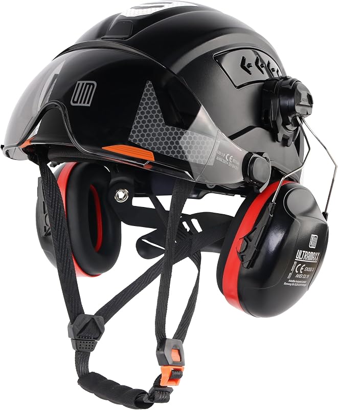 UM ULTRAMAXX Type II Class C Hard Hat | Adjustable Face Visor & Detachable Ear Muffs | ANSI Z89.1 Certified, 6-Point Ratchet Fit, Vented with Reflective Strips