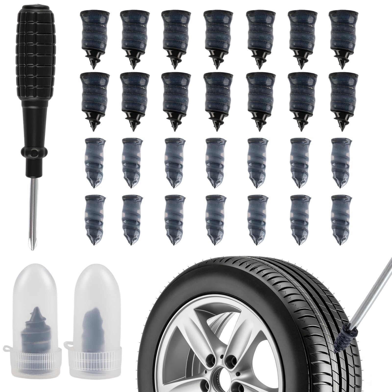 Kit Riparazione Pneumatici 5–120pz, Vite Ripara Gomme Tubeless con Cacciavite, Chiodo in Gomma per Auto Moto Scooter Bici(35large+35small+b crewdrivers)