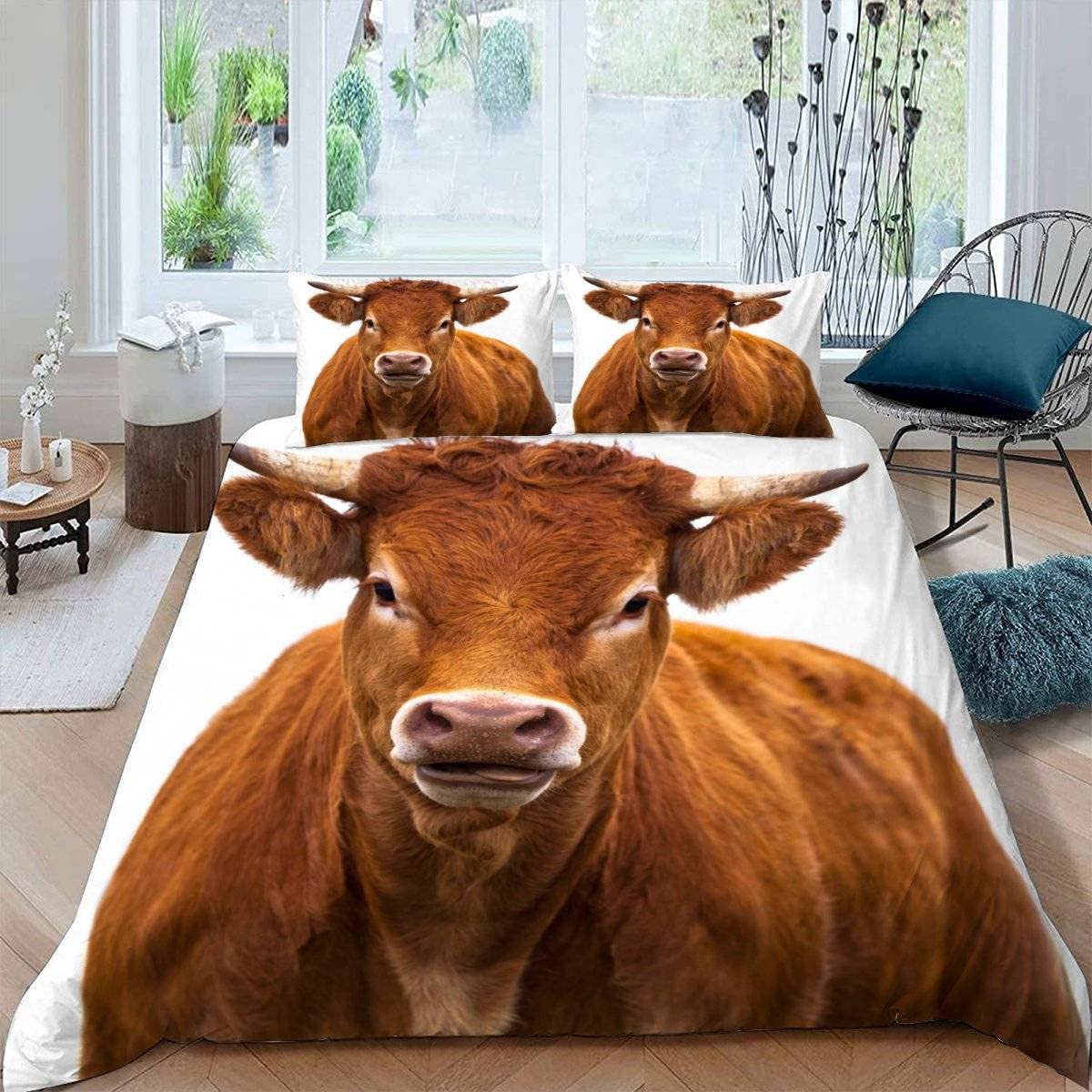 RFFLUX 3D Cow Single Duvet Cover Set 3 Pieces 135x200 Soft Microfiber Farm Animals Cattle Quilt Cover with Zipper Closure Easy Care Bedding Set with 2 Pillowcase for Kids Boys Girls Teens — image 1