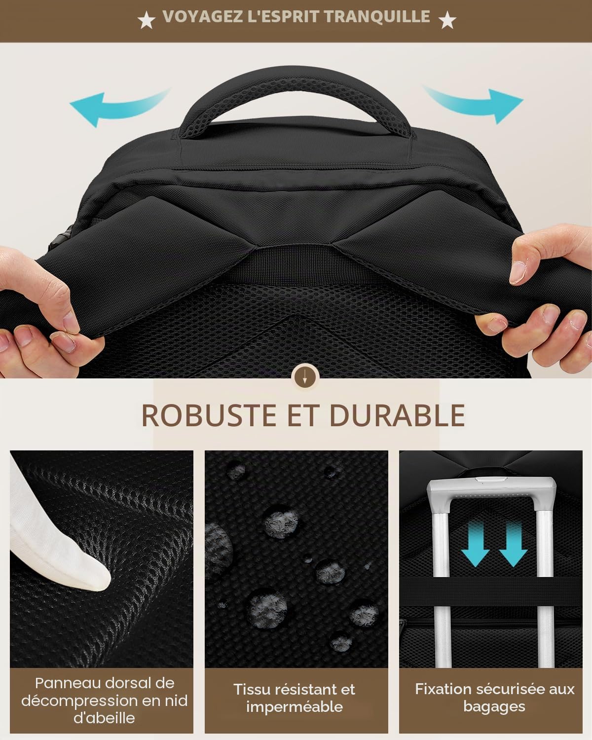 Sac à dos voyage cabine avion–Bagages cabine 55x40x20–Sac de voyage 44L avec compartiment pour ordinateur portable 17,3 pouces et poche antivol