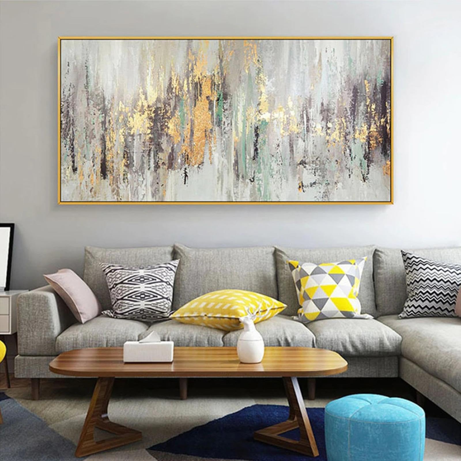 抽象的な海の風景画 金色フレーム付き