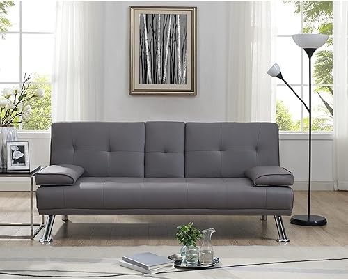 Miniatura 7 de Naomi Home Diseño de perfil bajo: sofá cama plegable convertible para sala de estar, sofá futón tapizado de piel sintética con reposabrazos, patas