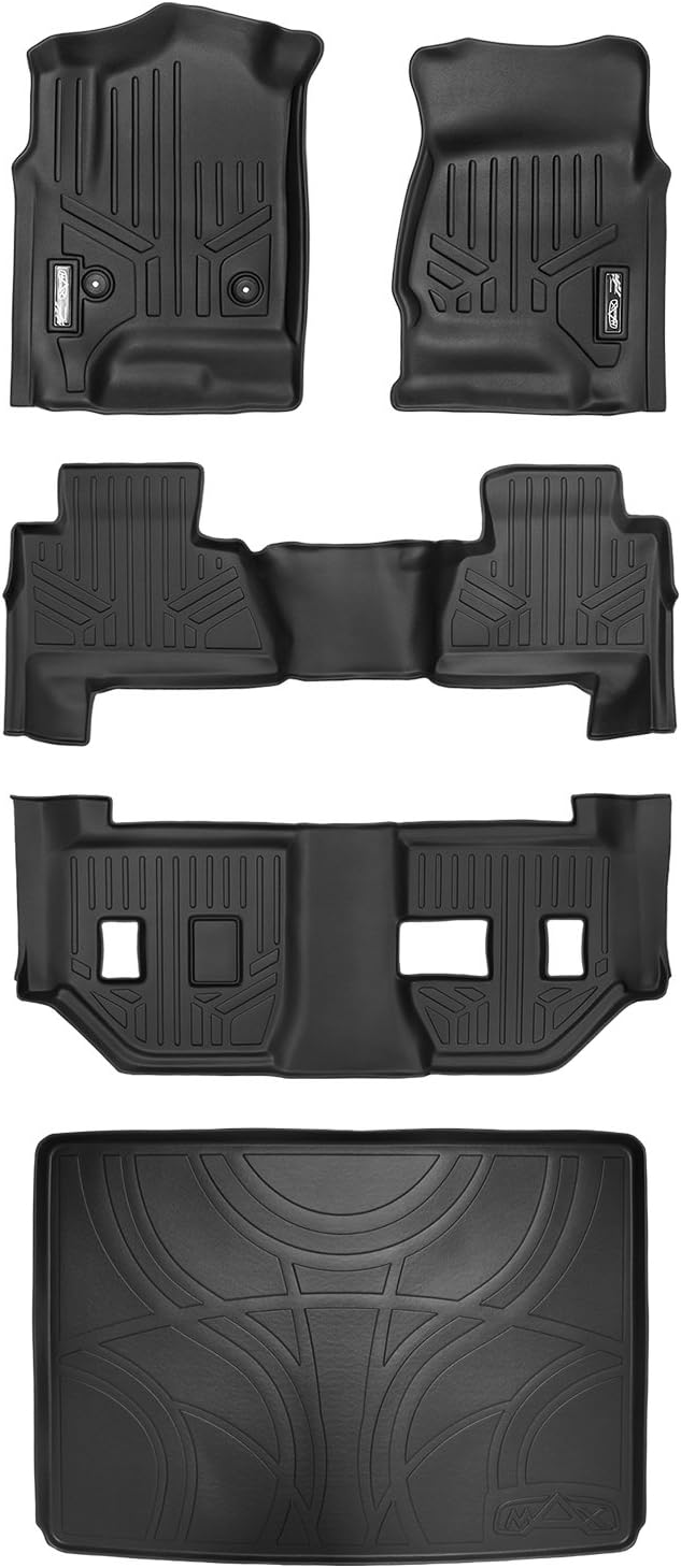 MAX LINER - A0136/B0221/C0166/E0159 Floor Mats 3 Rows and Cargo Liner Behind 3rd Row Set Black for 2015-2018 Suburban / Yukon XL (with 2nd Row Bench Seat)