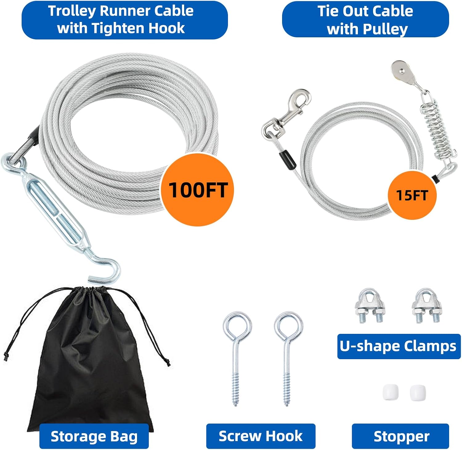 100ft dog runner for yard with 15ft tie out cable - heavy duty trolley system for large dogs up to 250lbs, backyard/park/camping use (silver, 100ft+15ft) 200ft+10ft silver