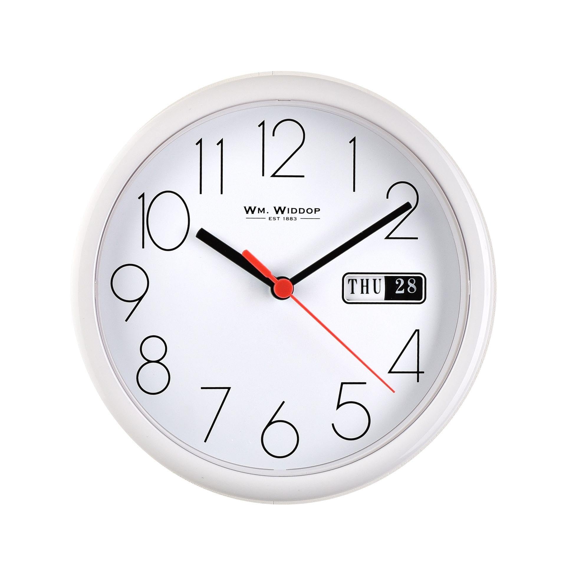 Wm.Widdop Day/Date Wall Clk-White Case/White Dial 8.5"Rnd +B
