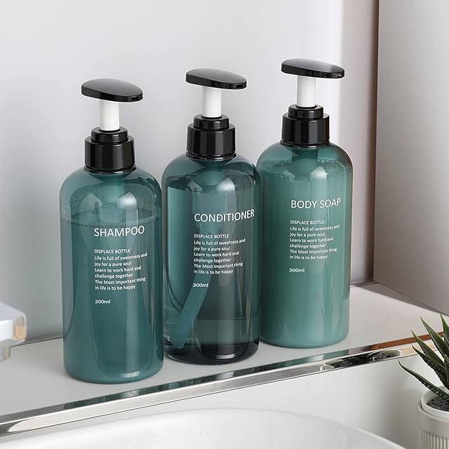 Monsully 3 Pack 300ml Shampoo Bottle Pump Dispenser, 300ml Empty Shampoo Bottles Dispenser Plastic Pump Bottles Pump Dispenser Bottles for Bathroom Kitchen(Blue)