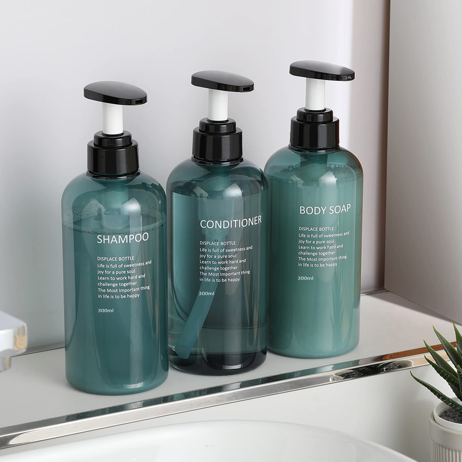 3 Dispenser Shampoo E Bagnoschiuma Da 300 Ml – Plastica PET Con Pompa Bloccabile – Set Con 12 Etichette Impermeabili