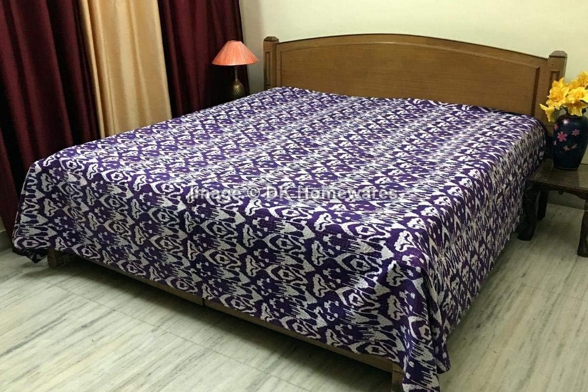 Indian Bohemian Purple Queen Size Kanta Quilt Cristmas Gift Cotton Kantha Work Ikat Printed Hand Crafted (108 x 90) -Set of 1 Coverlet Bedspread