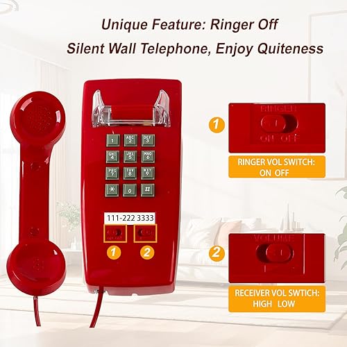 Miniatura 3 de Teléfono de pared clásico retro, teléfono fijo con cable vintage, plástico beige, timbre mecánico, línea eléctrica, operación de una sola línea