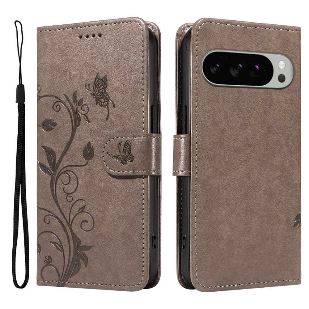 Étui Google Pixel 8 gris housse portefeuille à rabat magnétique arbre papillon