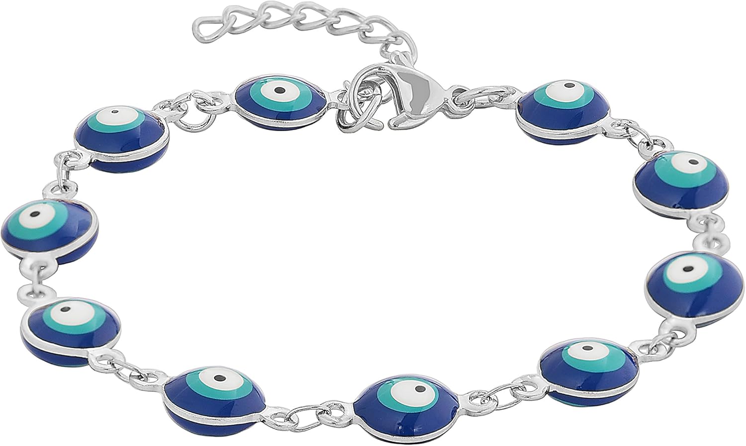 Edforce Stainless Steel Women's Charm Bracelet Green | Gold Enamel Evil Eye Protection Link Chain Adjustable, 8" (Aqua, Silver-and-Stainless-Steel) - Image 5