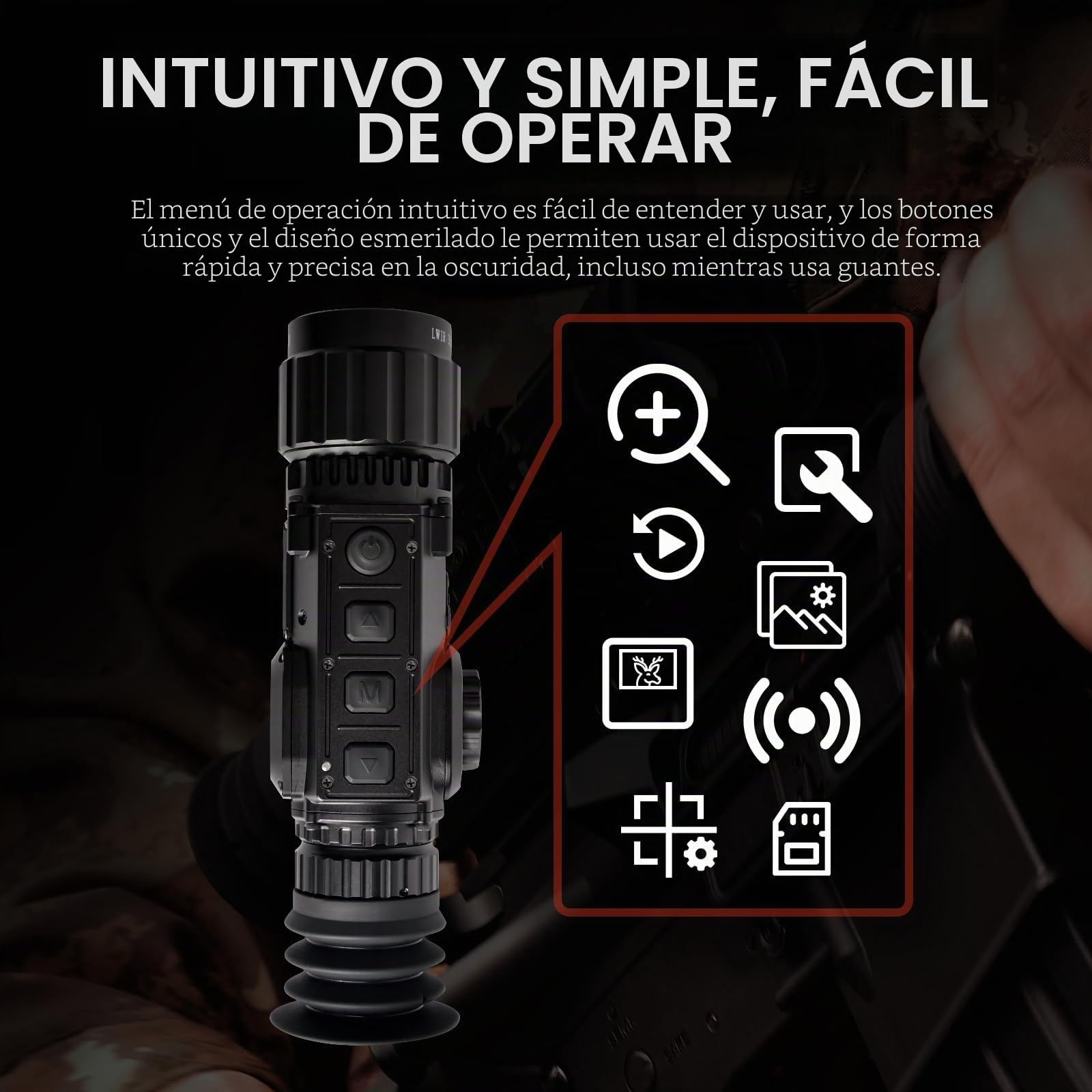 Mira Térmica X350 para Rifle de Caza, Alcance de Detección 1100m, Pantalla Micro-OLED HD 1024x768, Autonomía 10h, Óptica 35mm, WiFi y Almacenamiento Integrado 64GB