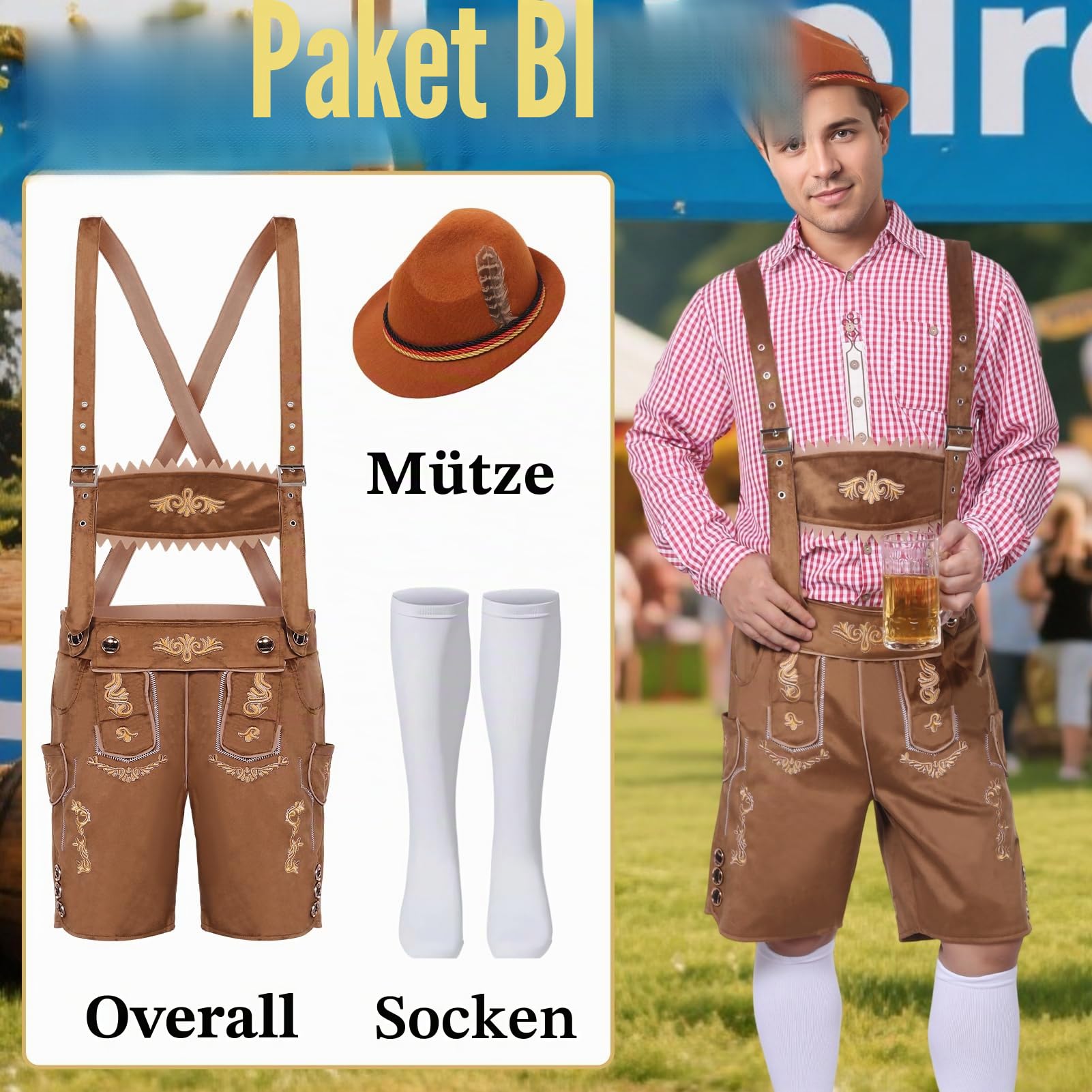 Raveparty Oktoberfest Herren Outfit, Lederhose Herren Tracht Set, Deutsch Bayern Oktoberfest Kostüm Set mit Abnehmbarem Lätzchenträger, Kniesocken und Bayerischen Filzhüte (Style B, XL)