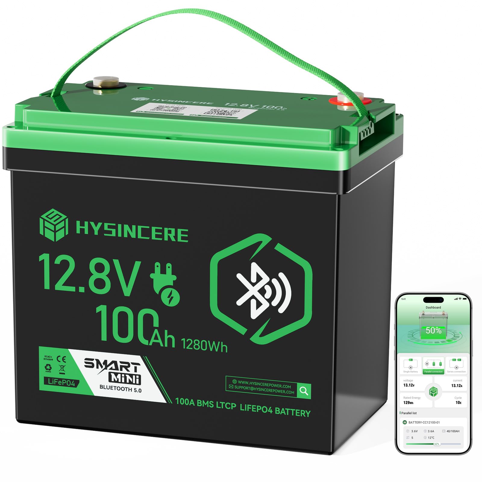 12V 100Ah Mini LiFePO4 Battery Bluetooth Deep Cycles Marine Battery Max 1280Wh Energy Prefect for Solar System RVs