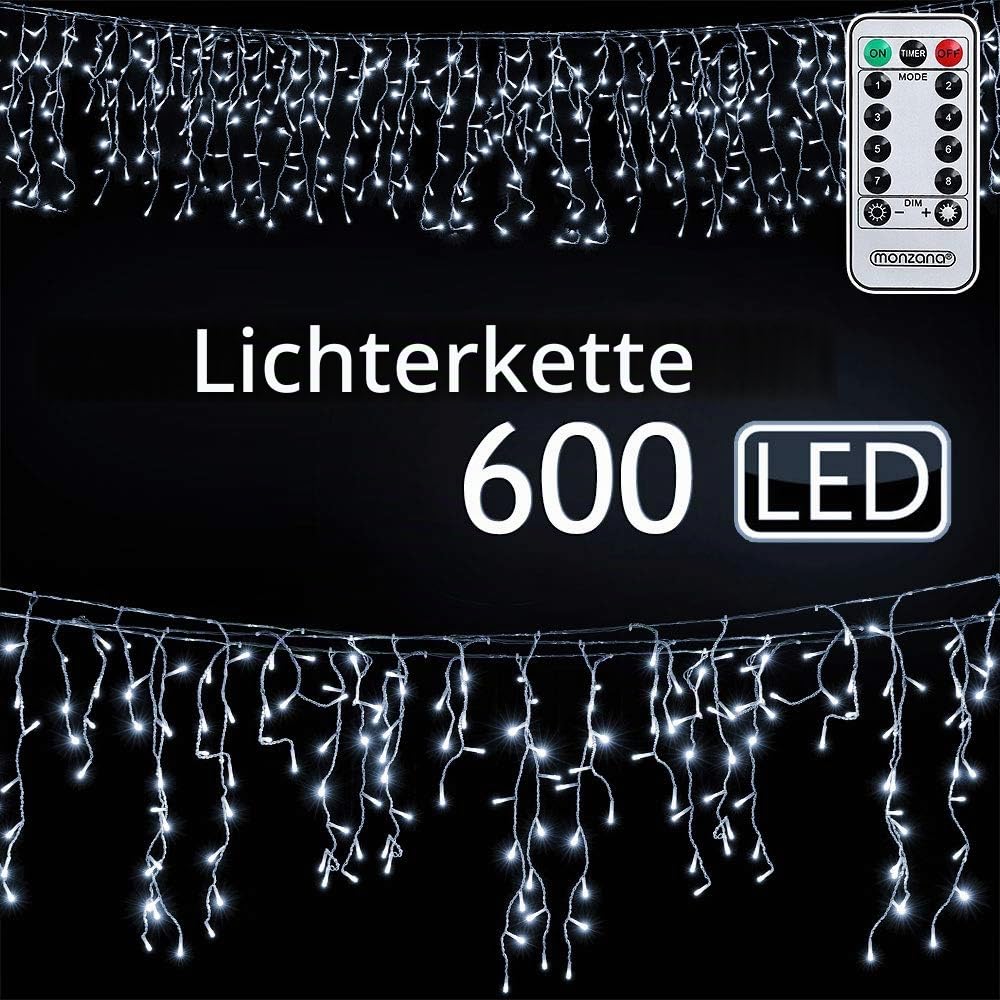 Monzana® Lichterkette 600 LED 20m Fernbedienung 8 Leuchtmodi IP44 Innen Außen Regenlichterkette Lichtervorhang Eisregen kaltweiß Weihnachtsbeleuchtung