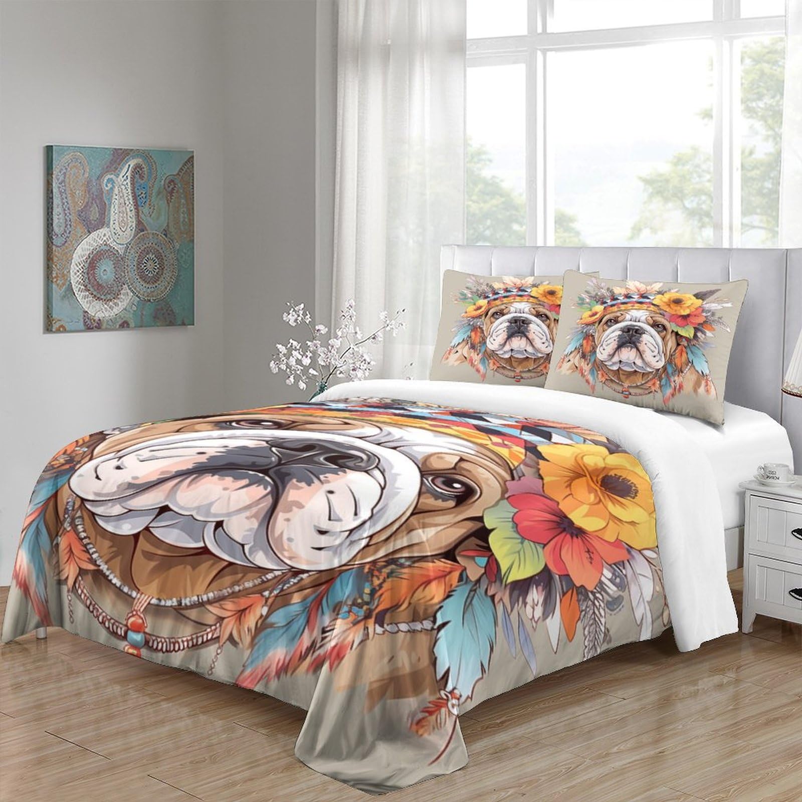 Stampato in 3D BullLuna francese Copertina Stampata Microfibra Disegnata Set Di Biancheria Da Letto Ipoallergenico Con 2 Federe,Double（200x200cm）, Per Adolescenti E Adulti