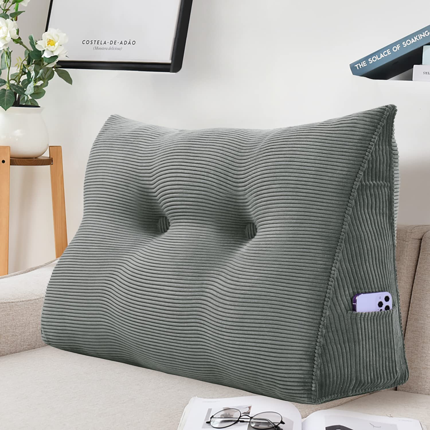 VERCART Cuscino per la schiena del letto, cuscino imbottito con cuneo, cuscino da lettura, cuscino lombare per divano, cuscino di supporto, cuscino cervicale con rivestimento in lino, 60 cm, grigio