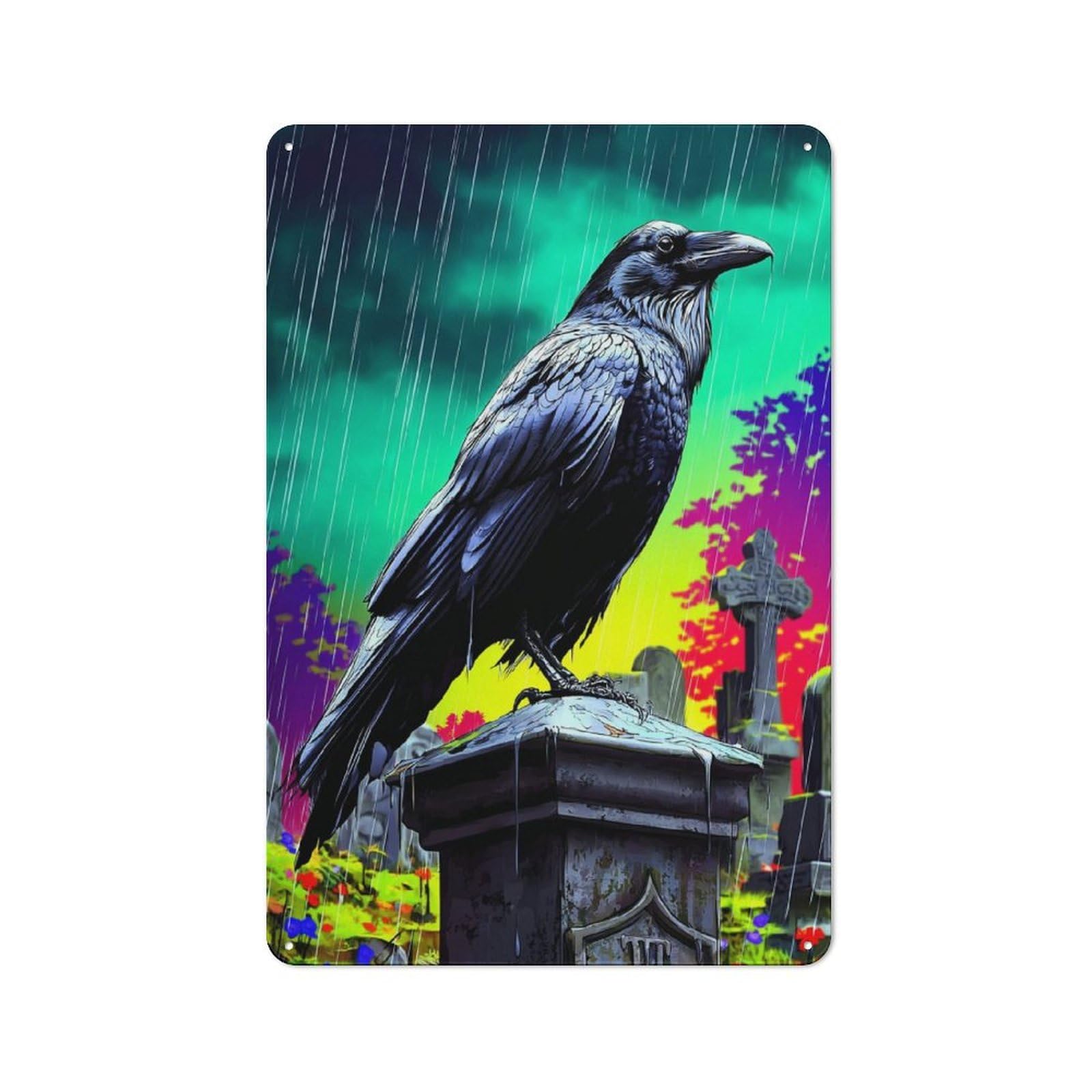 Junmoney Rainy Graveyard Raven -1 Printed Metal Sign 30X20cm For Hobby Room Or Studio, Gift Idea At Christmas For Creative Interior Collectors