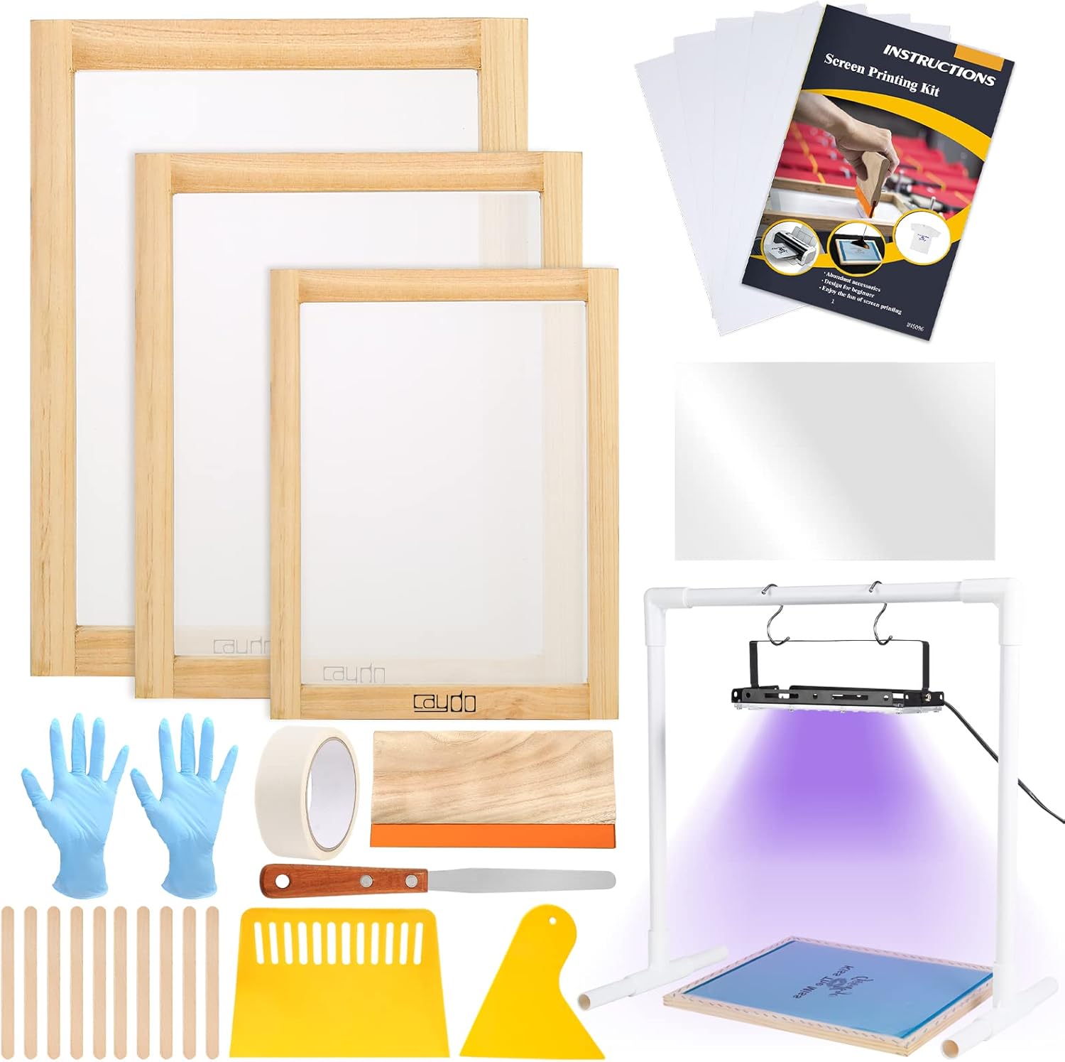 Caydo 29 Pieces Screen Printing Kit Include LED UV Exposure Screen Printing Light, 3