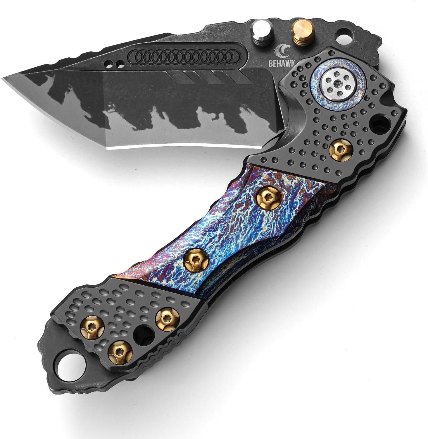 Behawk Folding Knife,Axe Blade Design,Titanium Alloy Handle,Manual Opening Large Folding Knife with Clip,Glass Breaker,EDC For Outdoor Camping Hiking Fishing Hunting