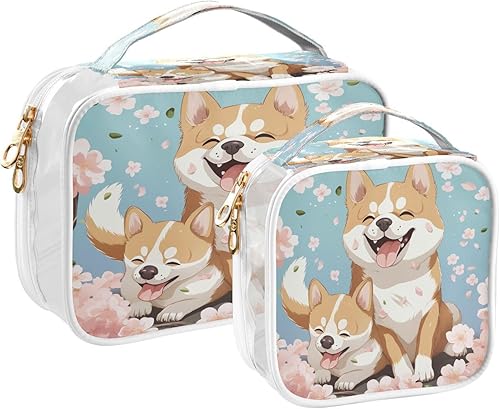 Kawaii Cherry Blossoms Shiba Lnu - Neceser transparente para viajes, paquete de 2 bolsas de cosméticos de maquillaje con cremallera, bolsa de viaje