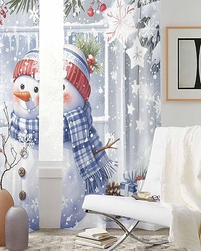 Miniatura 3 de Cortinas traslúcidas de invierno con diseño de muñeco de nieve de 63 pulgadas de largo, juego de 2 paneles de cortinas para cocina, dormitorio, sala