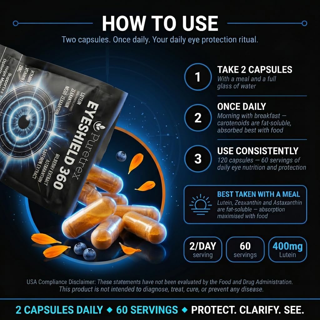 EyeShield 360, Eye Health Supplement with Lutein, Zeaxanthin, Meso-Zeaxanthin, Bilberry, Astaxanthin, Saffron, Vitamins C & E, Zinc + BioPerine, Vegan