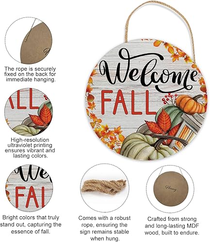 Miniatura 3 de Letrero de puerta con texto en inglés Hello Fall decoración rústica de otoño para el hogar, letrero redondo de pared de 11.8 pulgadas, decoración de