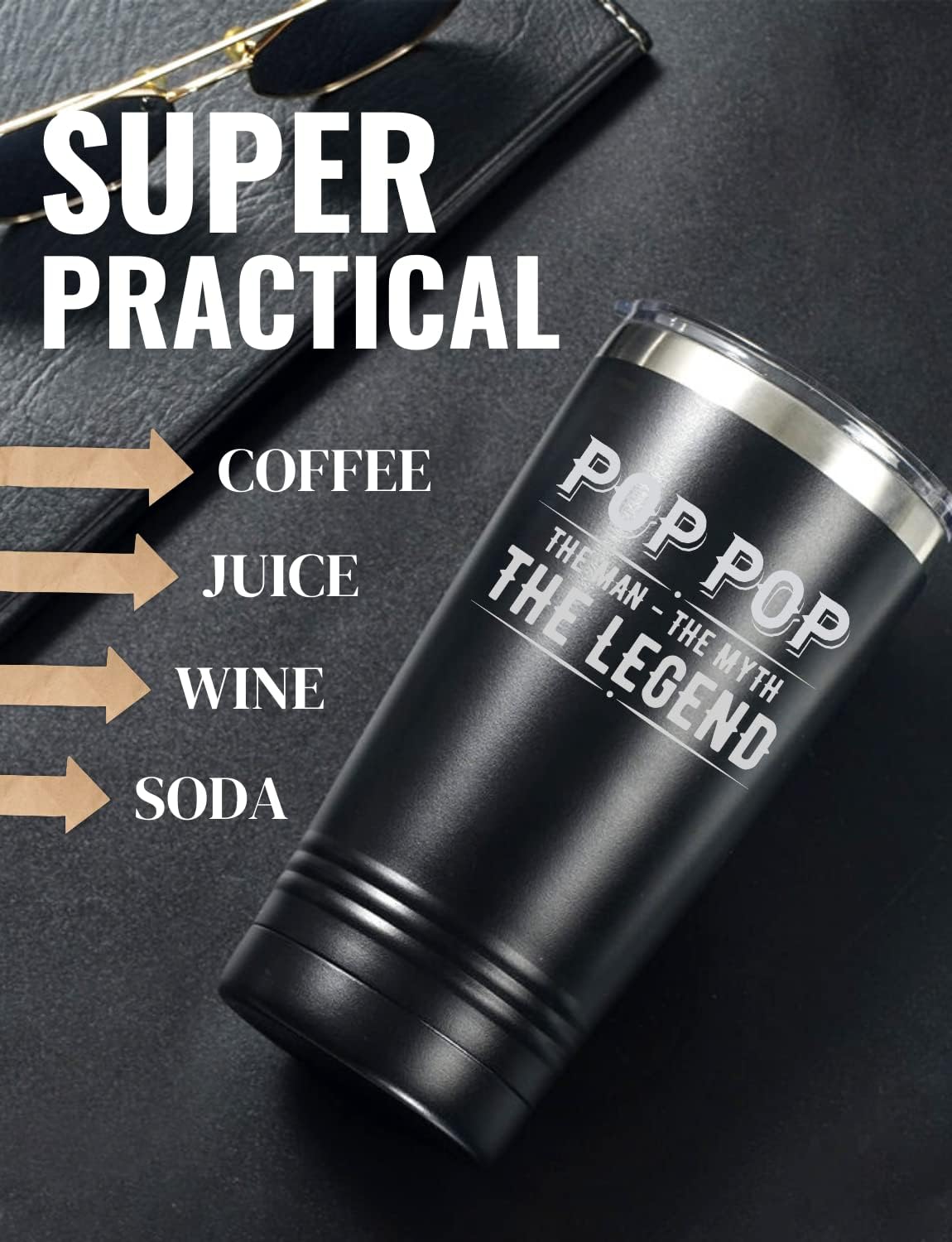 Onebttl Pop Pop Gifts for Father's Day, Pop Pop Tumbler from Granddaughters and Grandsons for Christmas Birthday, Stainless Steel Cup with Lid, 20oz/590ml - The Man The Myth The Legend - Image 2