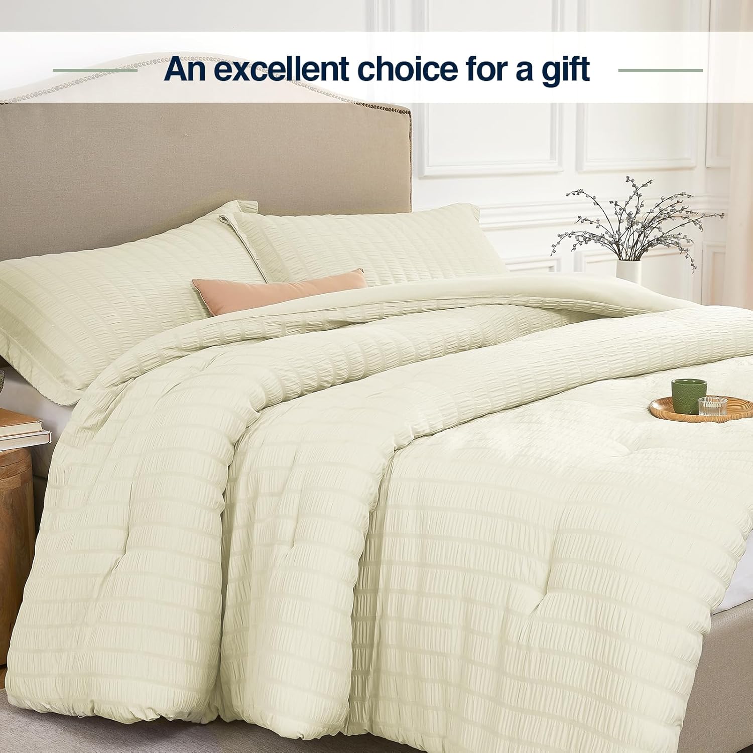 Quataly Queen Comforter Set Cream,3PCS Seersucker Lightweight Bedding Comforter for All Season, Queen Size(90''×90'' Comforter & 2 Pillowcases)