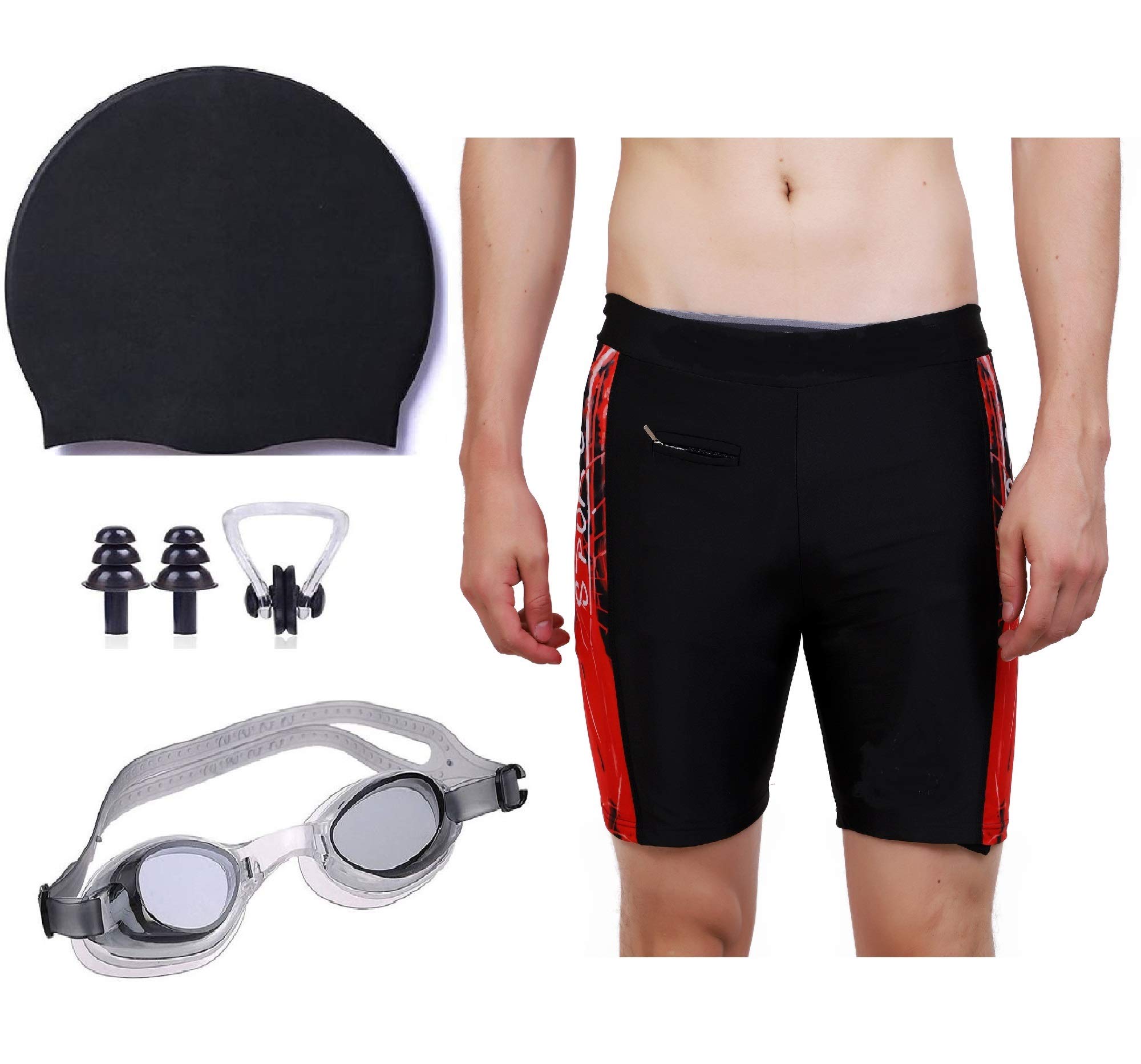 THE MORNING PLAYMen Swimming Costume Jammers Free Size (28INCH-34INCH) Goggles Cap 2 EARPLUG Nose Clip Swimsuit Swimming Kit (Black)