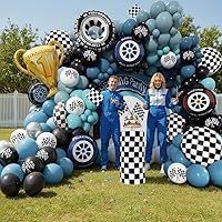 Vista 4 de Kit de arco de globos de auto de carreras, 175 globos de diferentes tamaños, banderas de neumáticos, a cuadros, negro, azul, blanco, kit