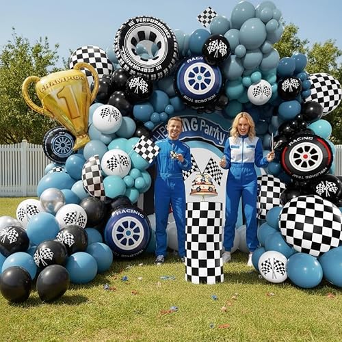Miniatura 4 de Kit de arco de globos de auto de carreras, 175 globos de diferentes tamaños, banderas de neumáticos, a cuadros, negro, azul, blanco, kit