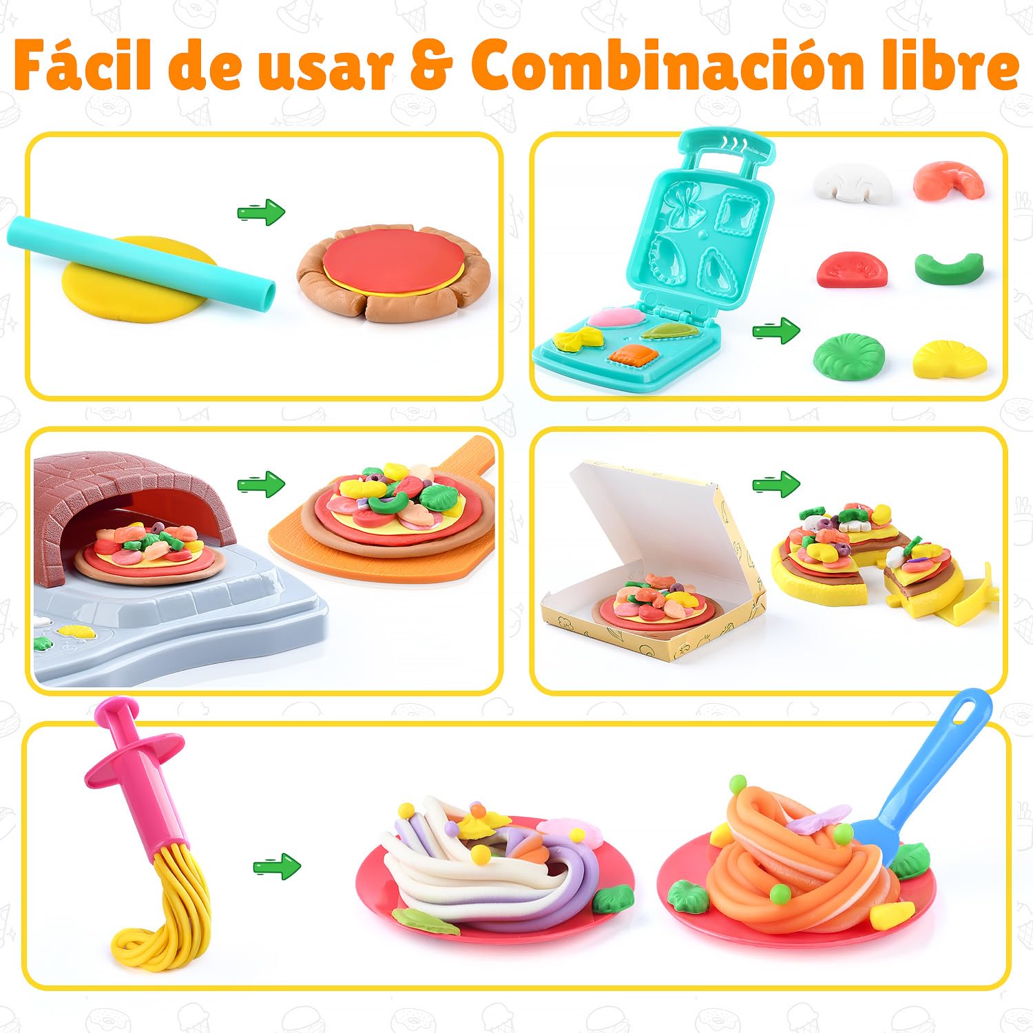PLAY 2 en 1 Juego de Plastilina para Niños, Plastilina Maquina Helados y Máquina Pizza, 37 Piezas Kit Moldes Plastilina, Máquina para Hacer Pasta, Accesorios Plastelina para Niños 3+ Años