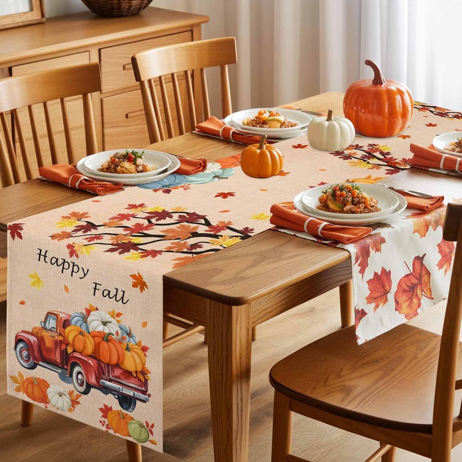 LooPoP Thanksgiving Truck Fall Pumpkin Maple Leaves Table Runners Orange Traditions Autumn 13x120 Inches Long Washable Table Runner for Round Table Kitchen Coffee Dining End Table Living Room Use