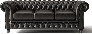 Valencia Parma Chesterfield 3 Seater Sofa 82" | Premium Full-Aniline Leather | Mid-Century Leather Couch with Classic Button Tufted Back, Wood Legs for Living Room, Black