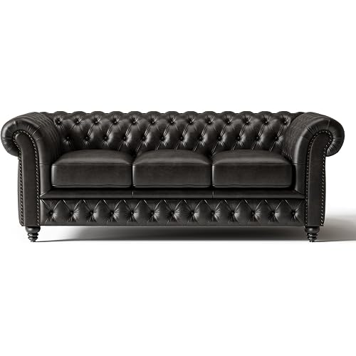 Valencia Parma Chesterfield 3 Seater Sofa 82" | Premium Leather | Mid-Century Leather Couch with Classic Button Tufted Back, Wood Legs for Living Room, Black