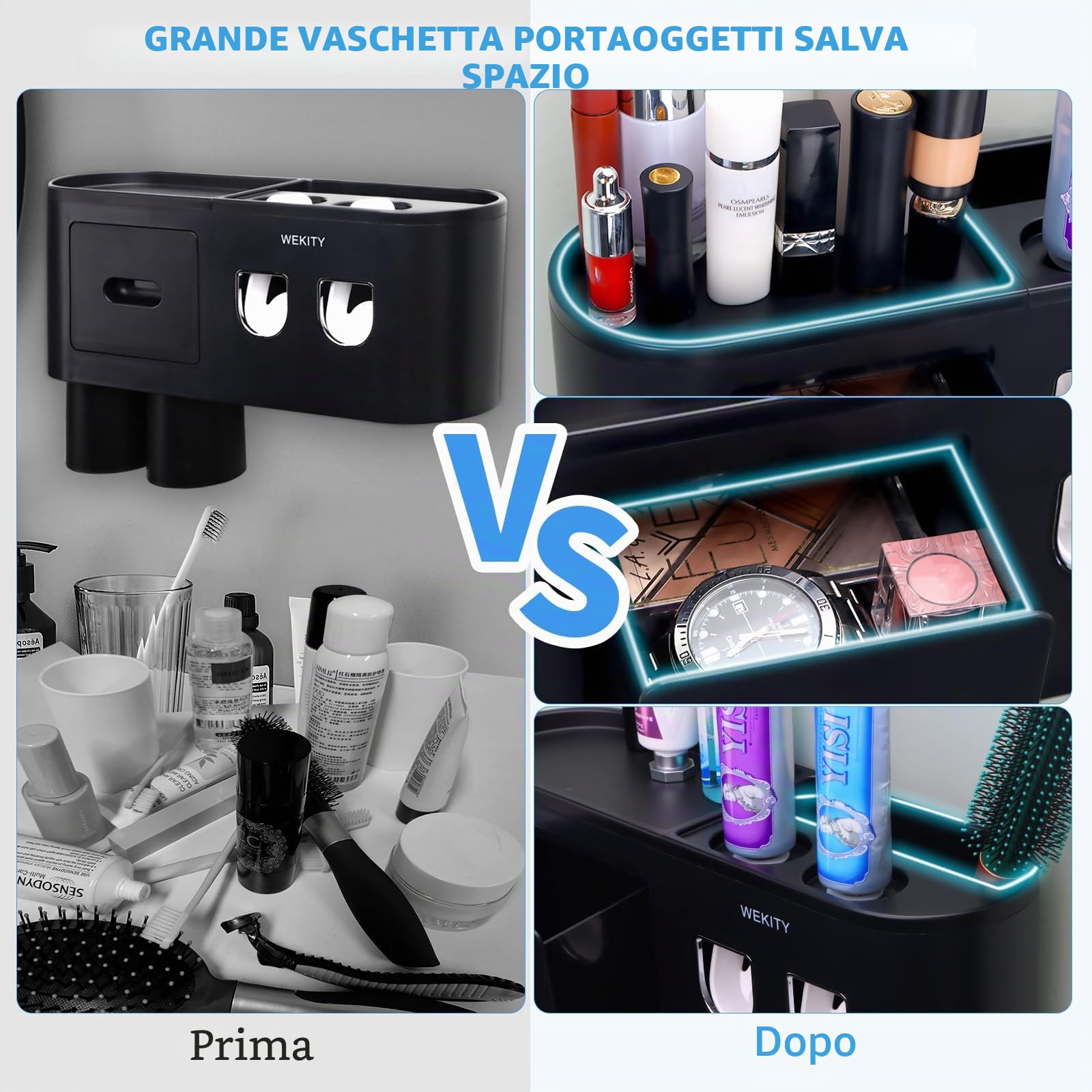 Portaspazzolino da parete multifunzione, dispenser automatico di dentifricio, salvaspazio, con 2 tazze e cassetti, organizer per cosmetici (nero 2 dispenser)
