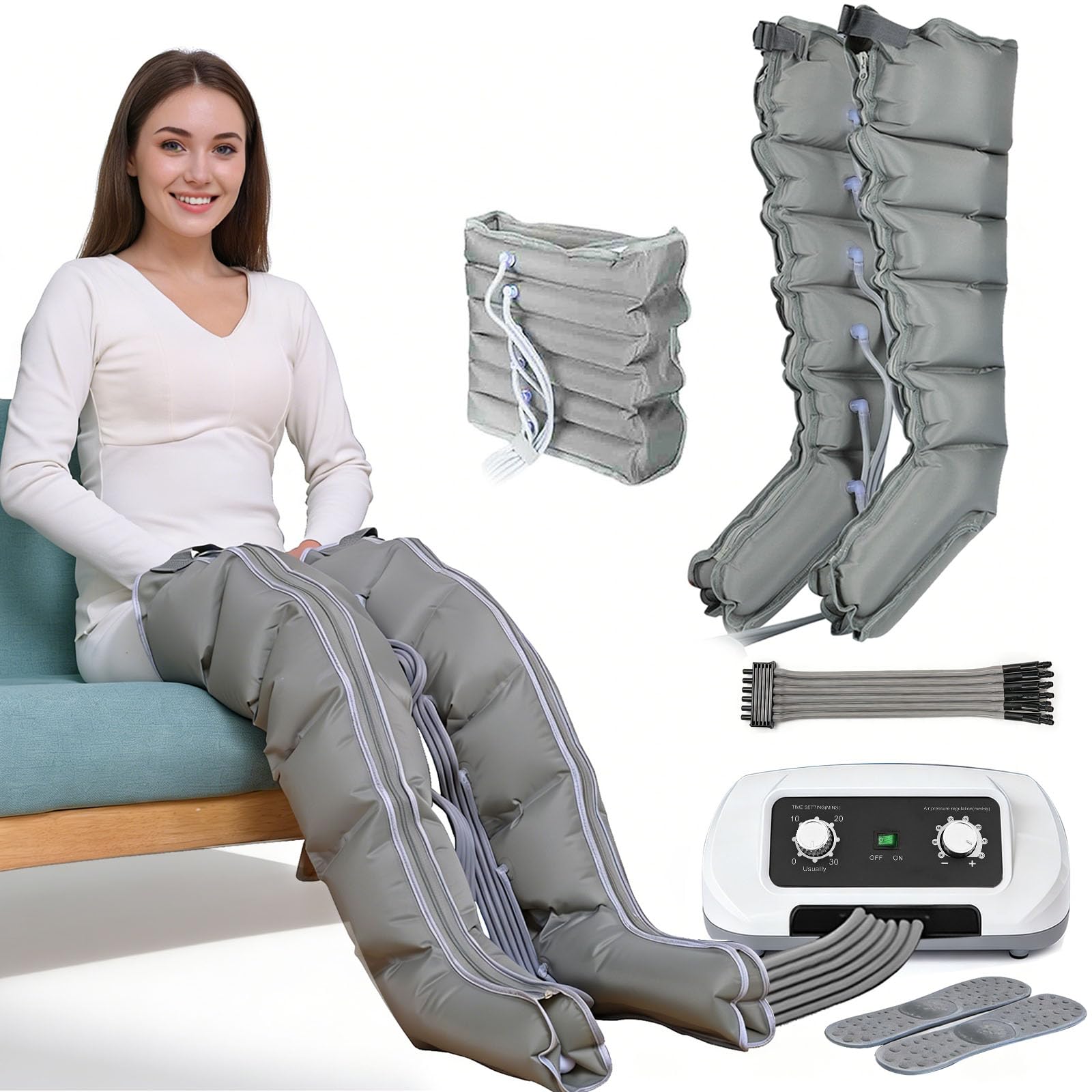 Lymphdrainage Gerät | Lymphdrainage Gerät Beine Bei Lipödem Massagegerät | 6 Luftkammern Lympfdrainage Für Bein Und Bauch Arme | Lymphatic Drainage Massager (Grau, 2 Beine + 1 Bauch | L)