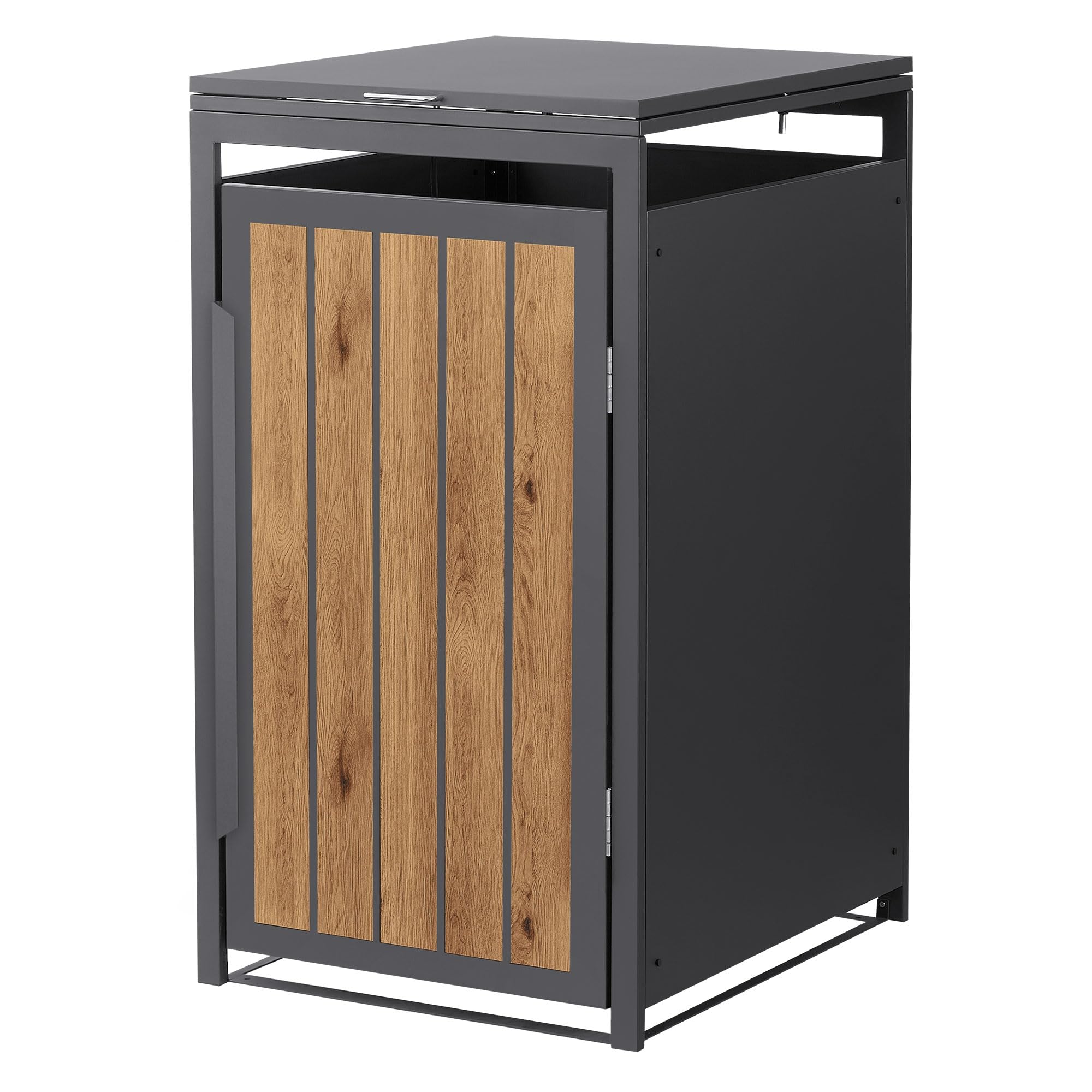 ML-Design Abri Cache 1 Poubelle, 68x80x120cm 240L, Anthracite Aspect Bois Claire, en Acier, Couvercle Rabattable et Porte Clôture, Protection Visuelle, Habillage Conteneurs, Résistant aux Intempéries