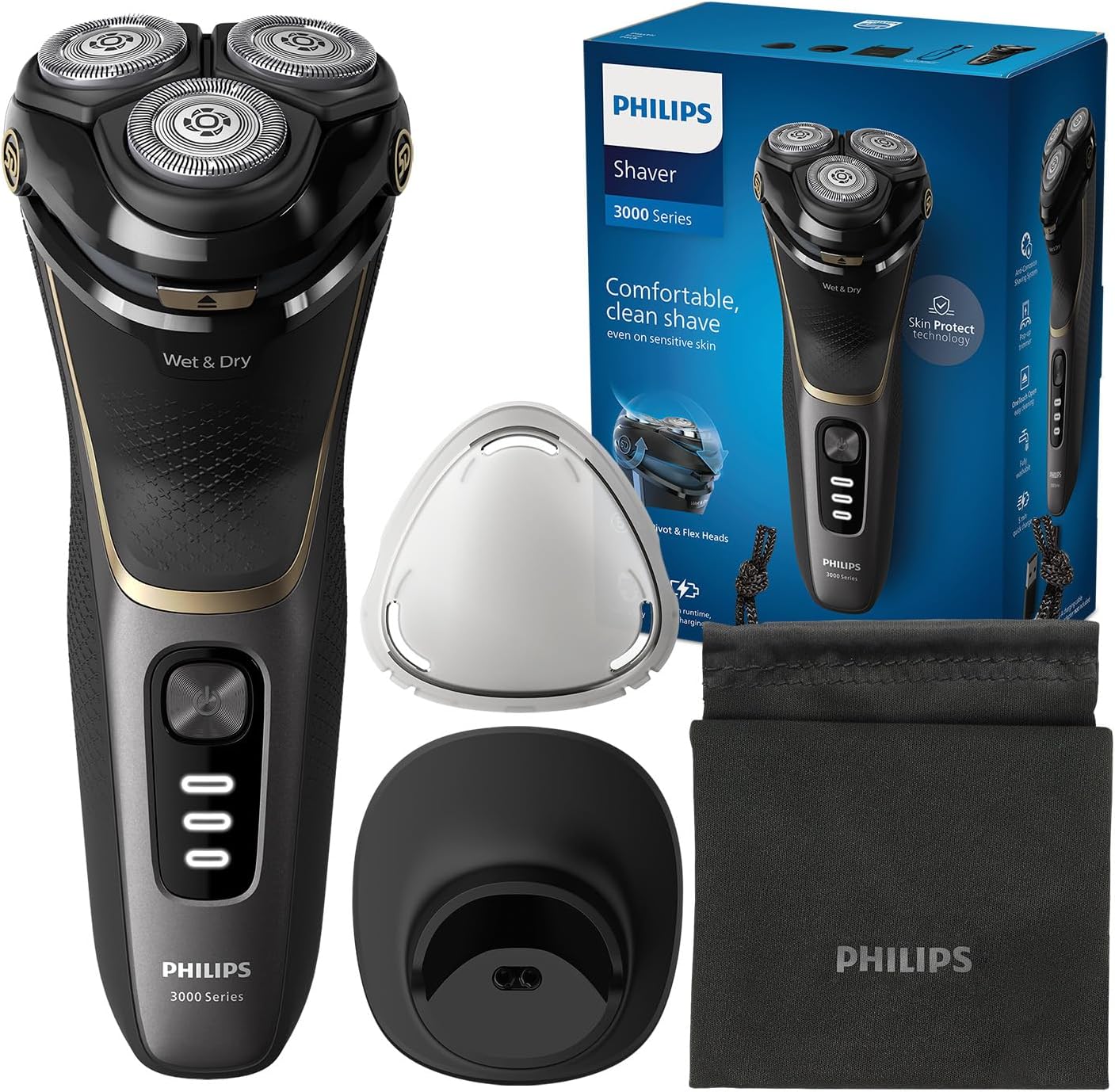 Electric Shaver 3000 Series - Wet & Dry Electric Shaver for Men with SkinProtect Technology in Deep Black, Pop-up Beard Trimmer, Charging Stand, Travel Pouch (Model S3342/13)